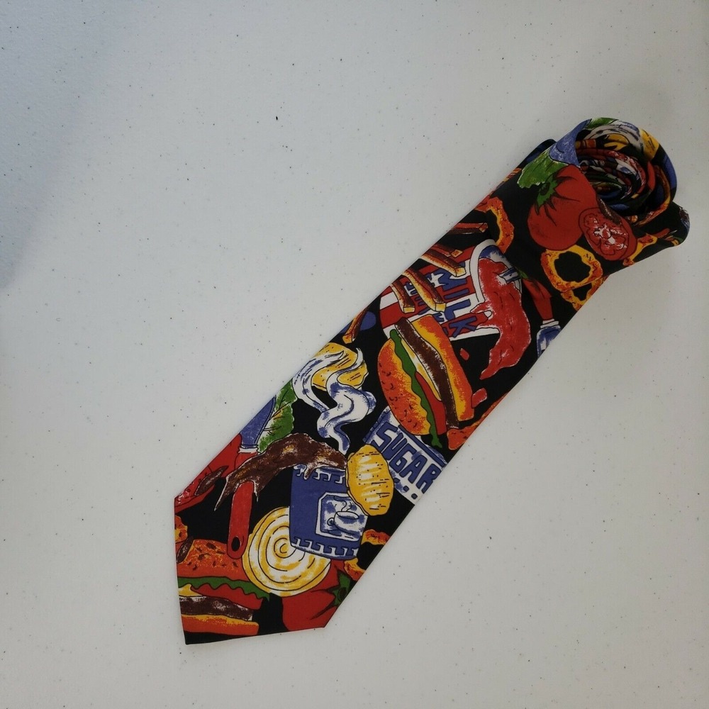 Next Exit Men's Neck Tie Brown Red Purple Food Burgers Drinks Pickle Chips Novel